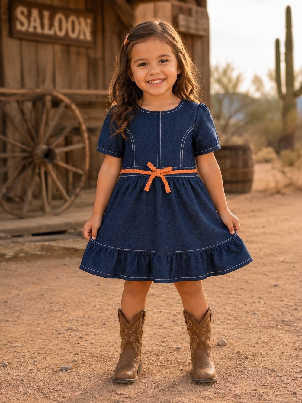 Denim Look Navy Girls' Dress with Bow